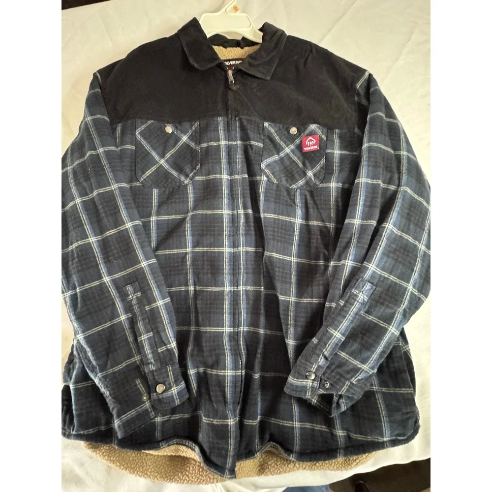 Wolverine Mens XL‎ Sherpa Lined Flannel Jacket Blue Plaid Corduroy Yoke Zip Up